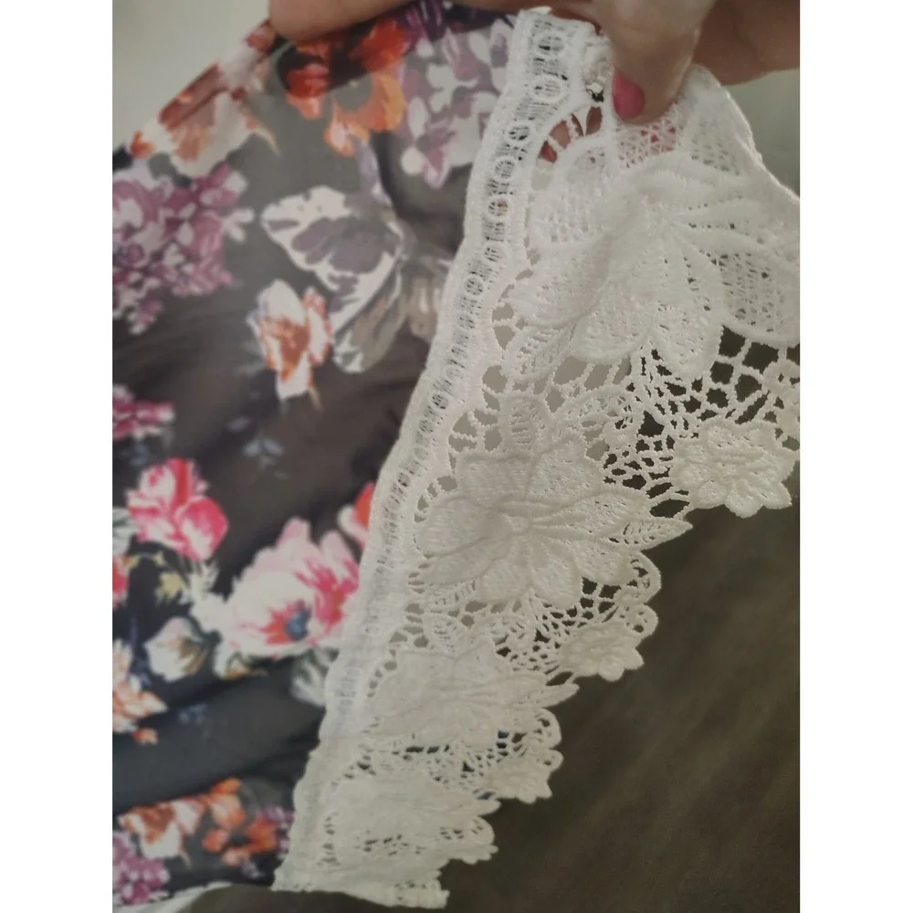 Hibluco Floral Kimono Cardigan Sheer Chiffon Lace Trim Cover Up Black‎ XL